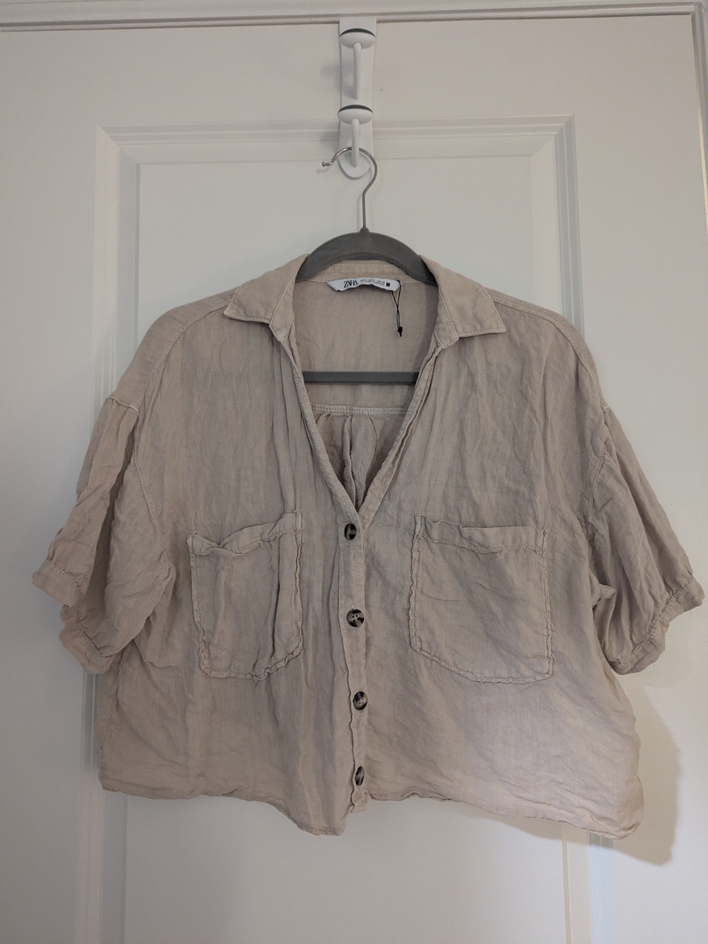 Zara Beige Cropped Button-Front Linen Shirt
